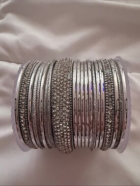 Silver Crystal Pavé Bangle Stack Bracelet Set Desi Silver Crystal Bangles